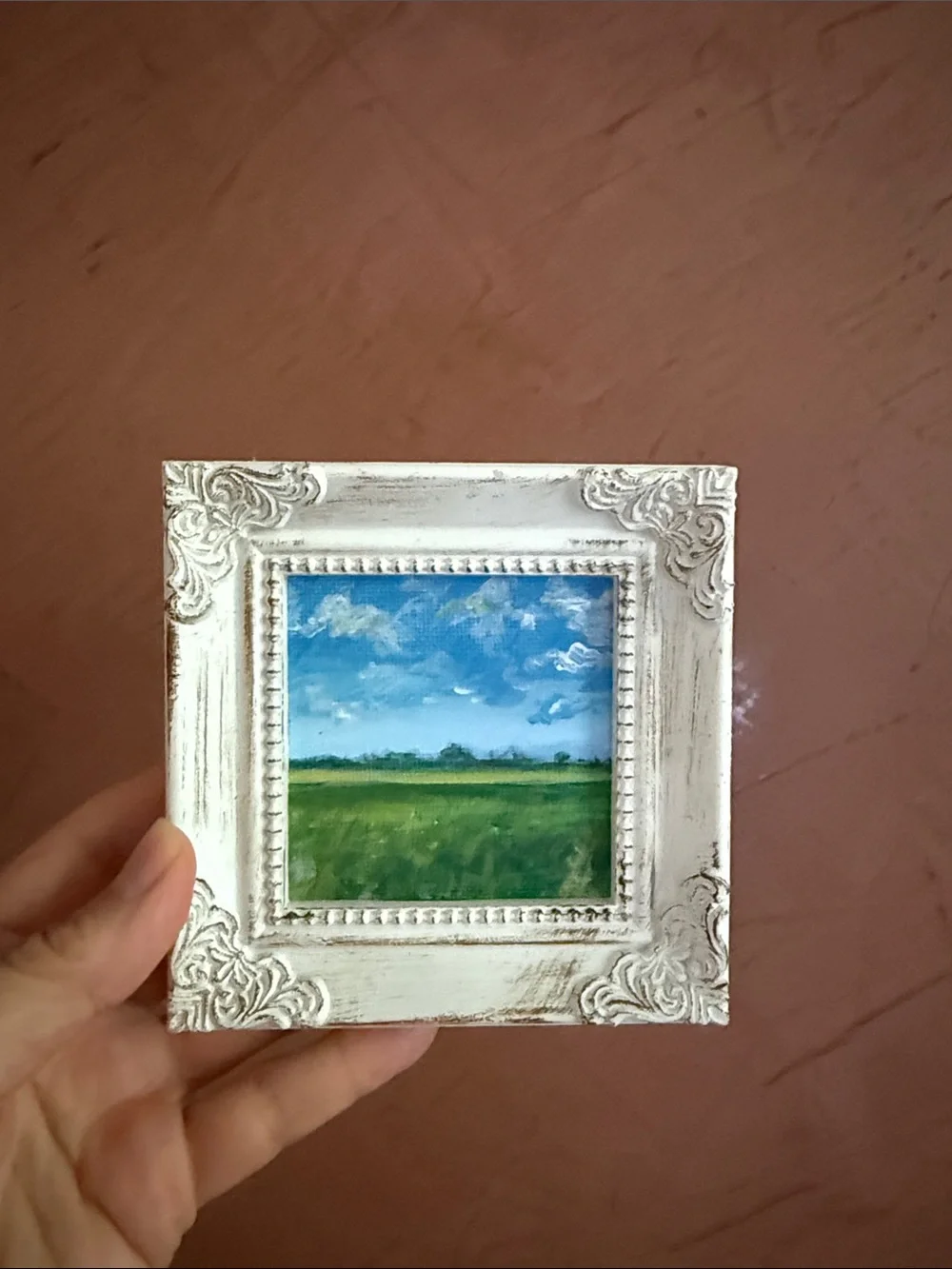 Hand-Painted Mini Landscape in White Distressed Frame